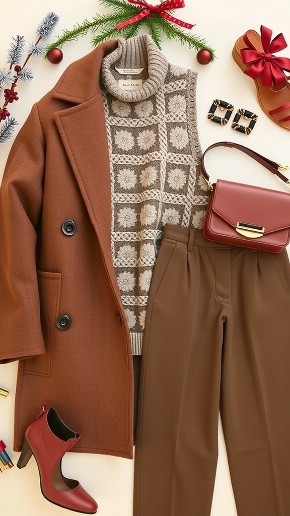 Flat lay of trendy Zara fashion items including a coat, sweater, trousers, and accessories for Christmas.